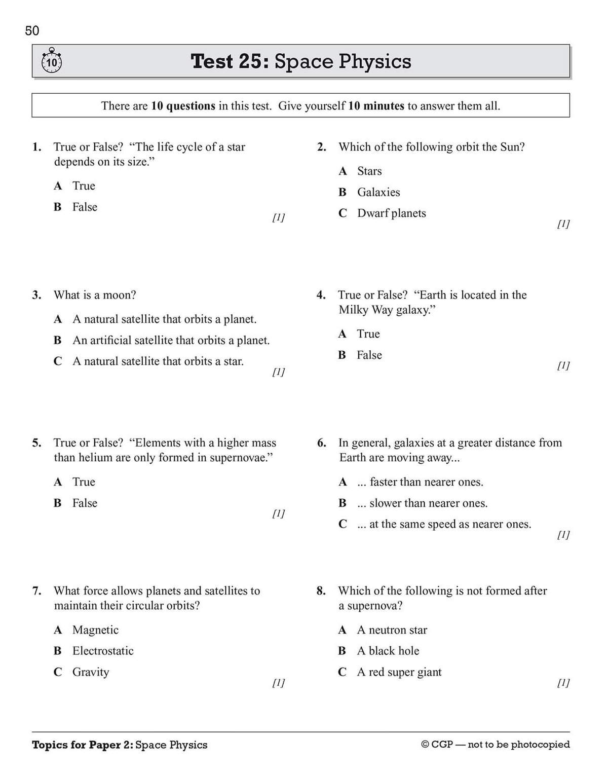 Ten timed questions on space physics, including true/false and multiple choice, to test knowledge of stars