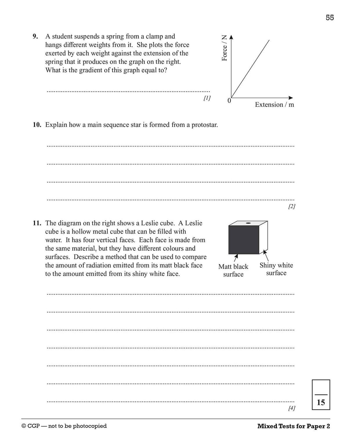 Three physics questions on gradients, star formation and thermal radiation, with a graph and a labelled diagram to support