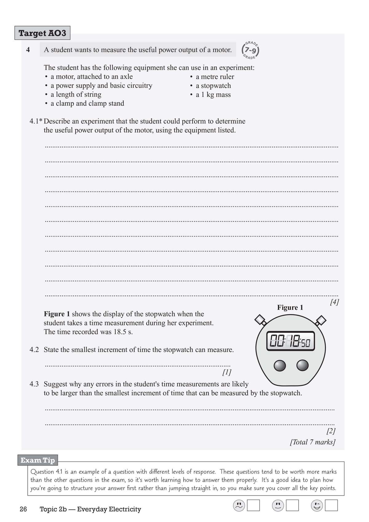 Students describe an experiment to measure a motor's power, interpret a stopwatch reading