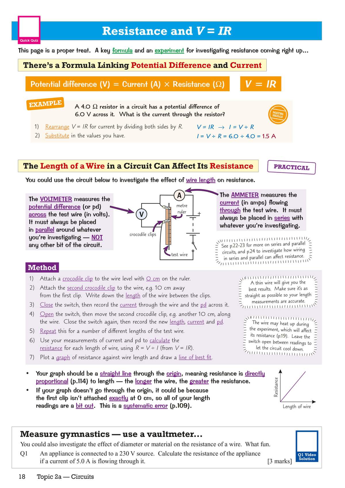 A worked example on calculating current, a practical experiment on wire length, and a quick quiz question on resistance