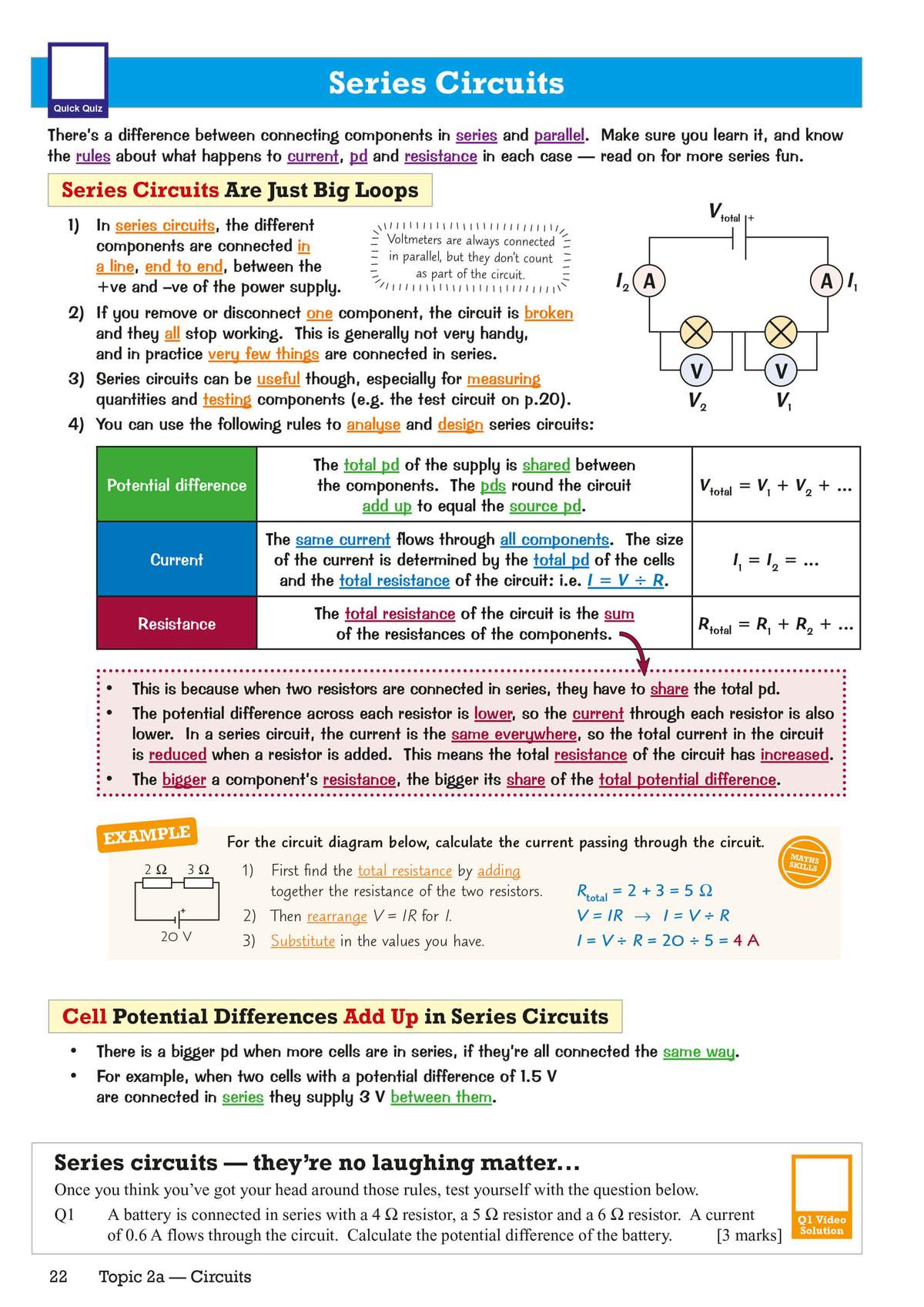 Clear rules and a worked example on series circuits, followed by a practice question to test understanding of resistance