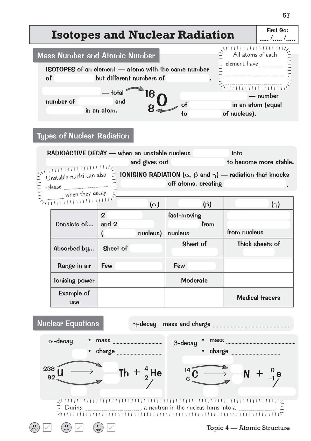 Clear notes on isotopes and nuclear radiation, with a table comparing alpha