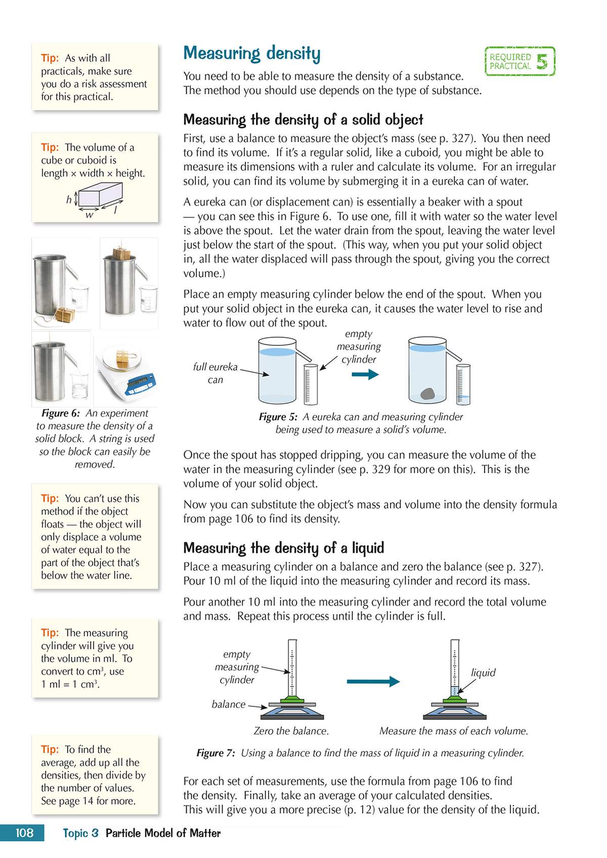 Clear instructions on measuring density using eureka cans and balances, with diagrams showing the practical steps