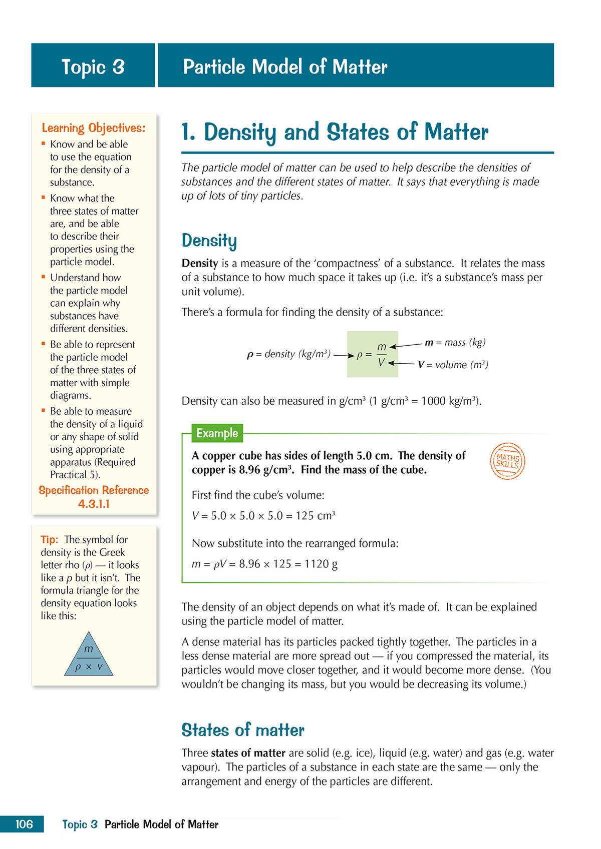 A worked example shows how to find the mass of a copper cube using its density and volume
