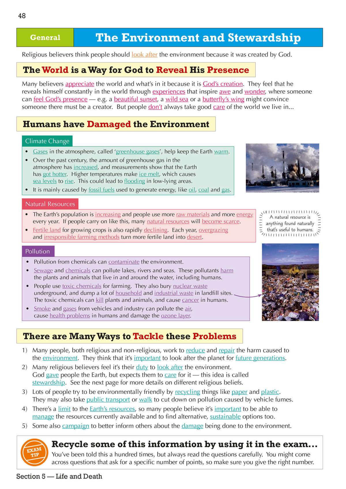 A revision page explaining how religious believers view the environment, with sections on climate change