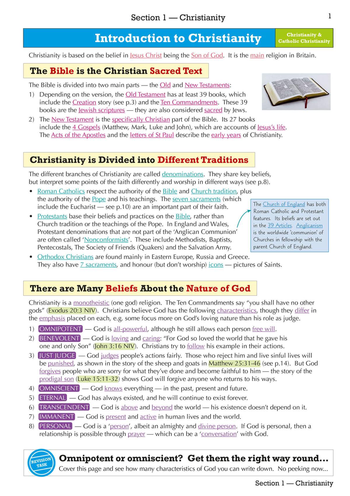 Clear notes on the Bible, Christian traditions and the nature of God, with a revision task at the bottom
