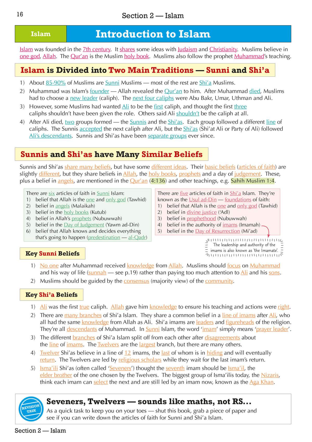 A detailed explanation of Sunni and Shi'a Islam, listing key beliefs and articles of faith for each tradition