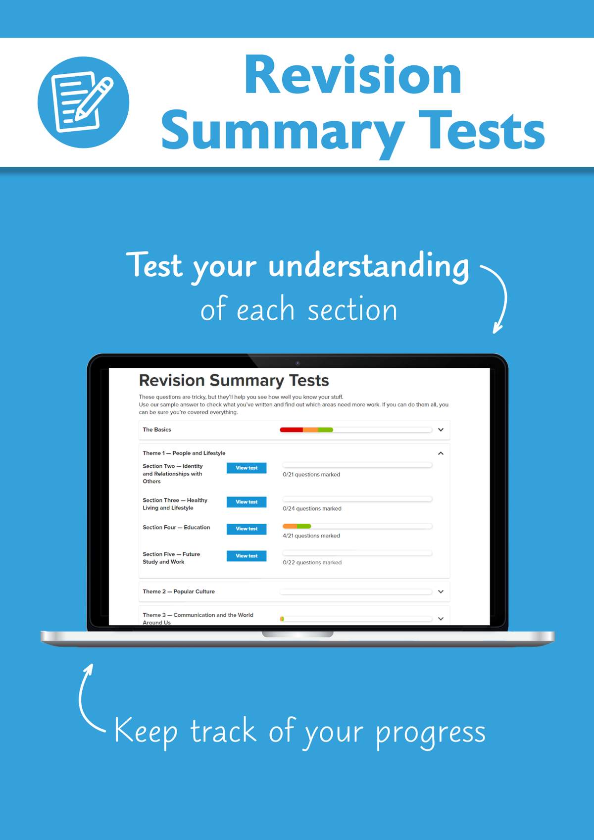 A digital interface showing how to track progress through revision summary tests for each section