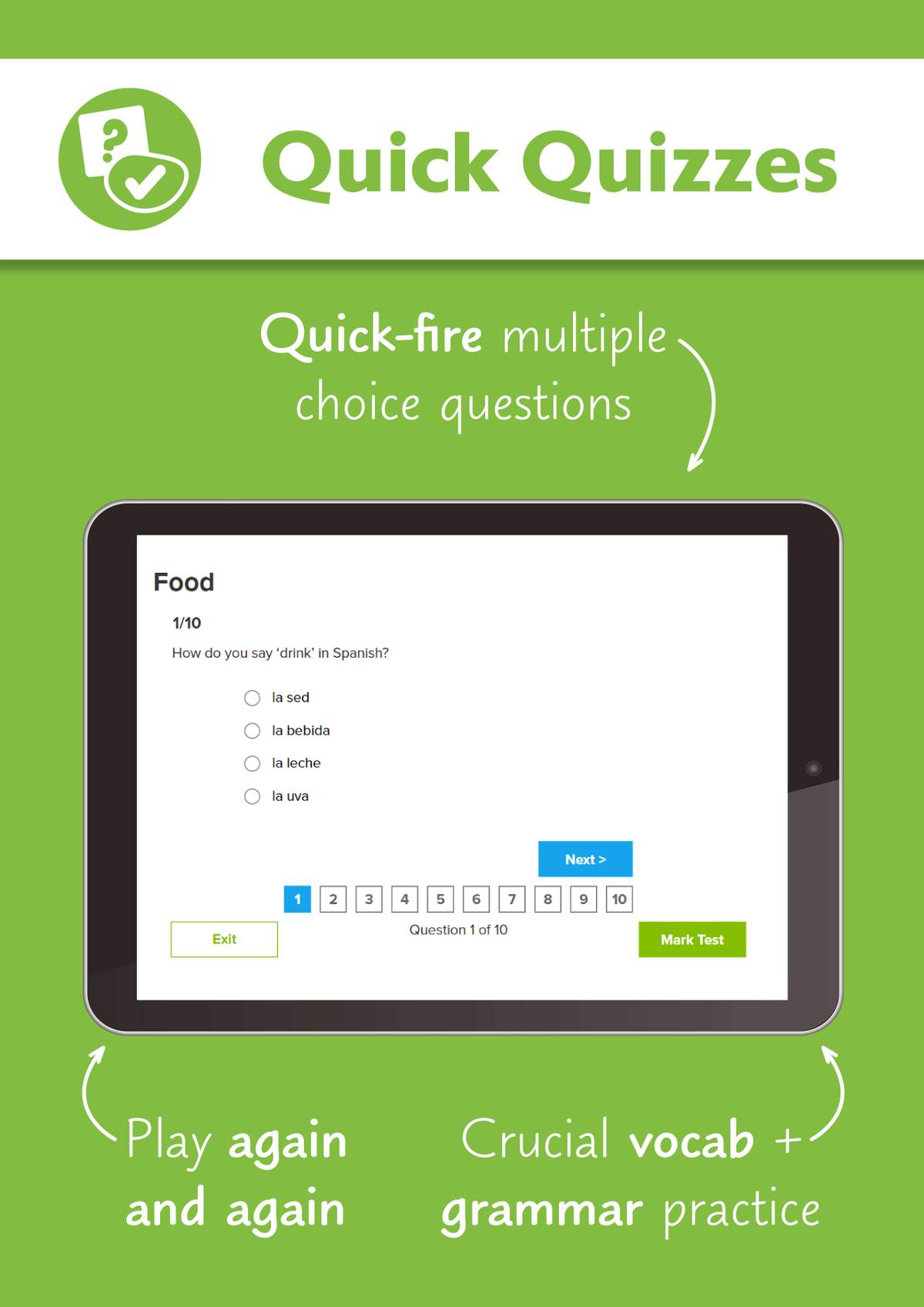 A promotional page showing a digital quiz interface for practising Spanish vocabulary and grammar