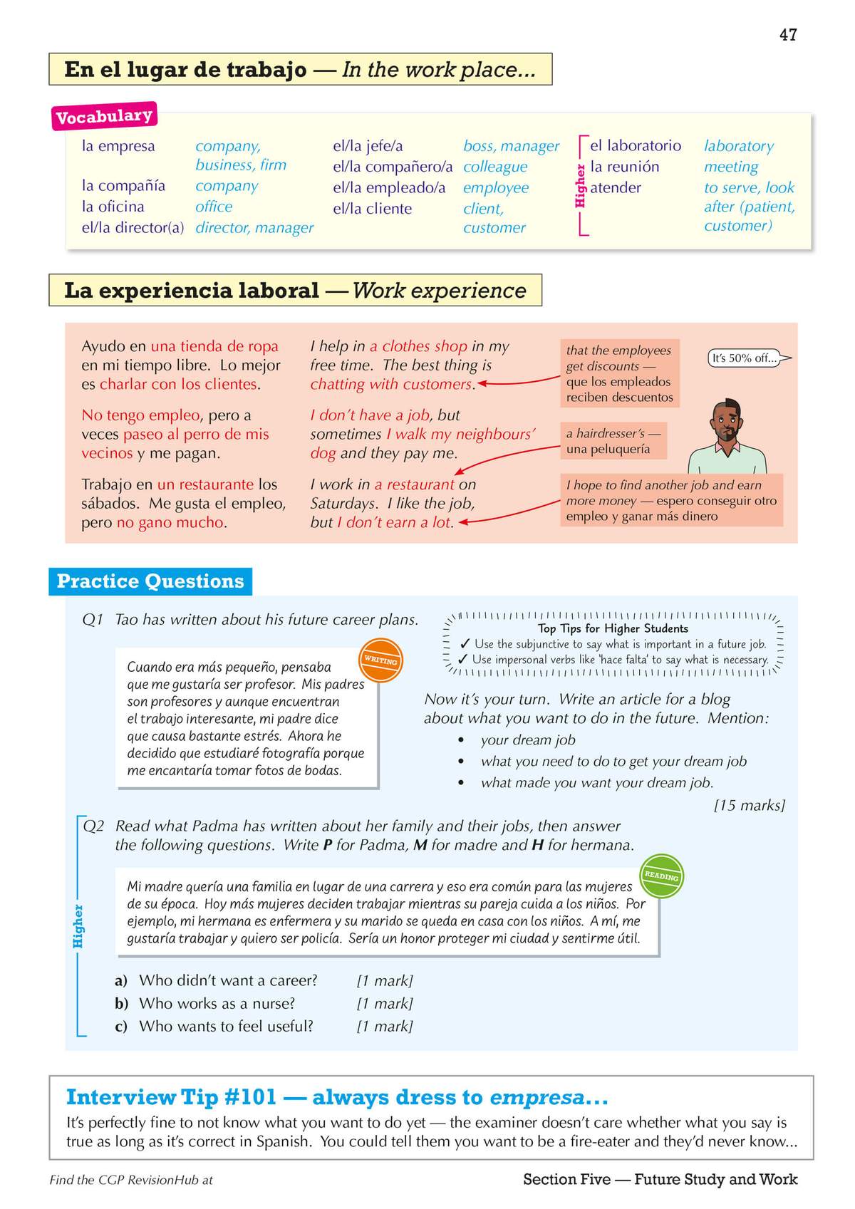 Students read two short texts about work experience and answer three comprehension questions