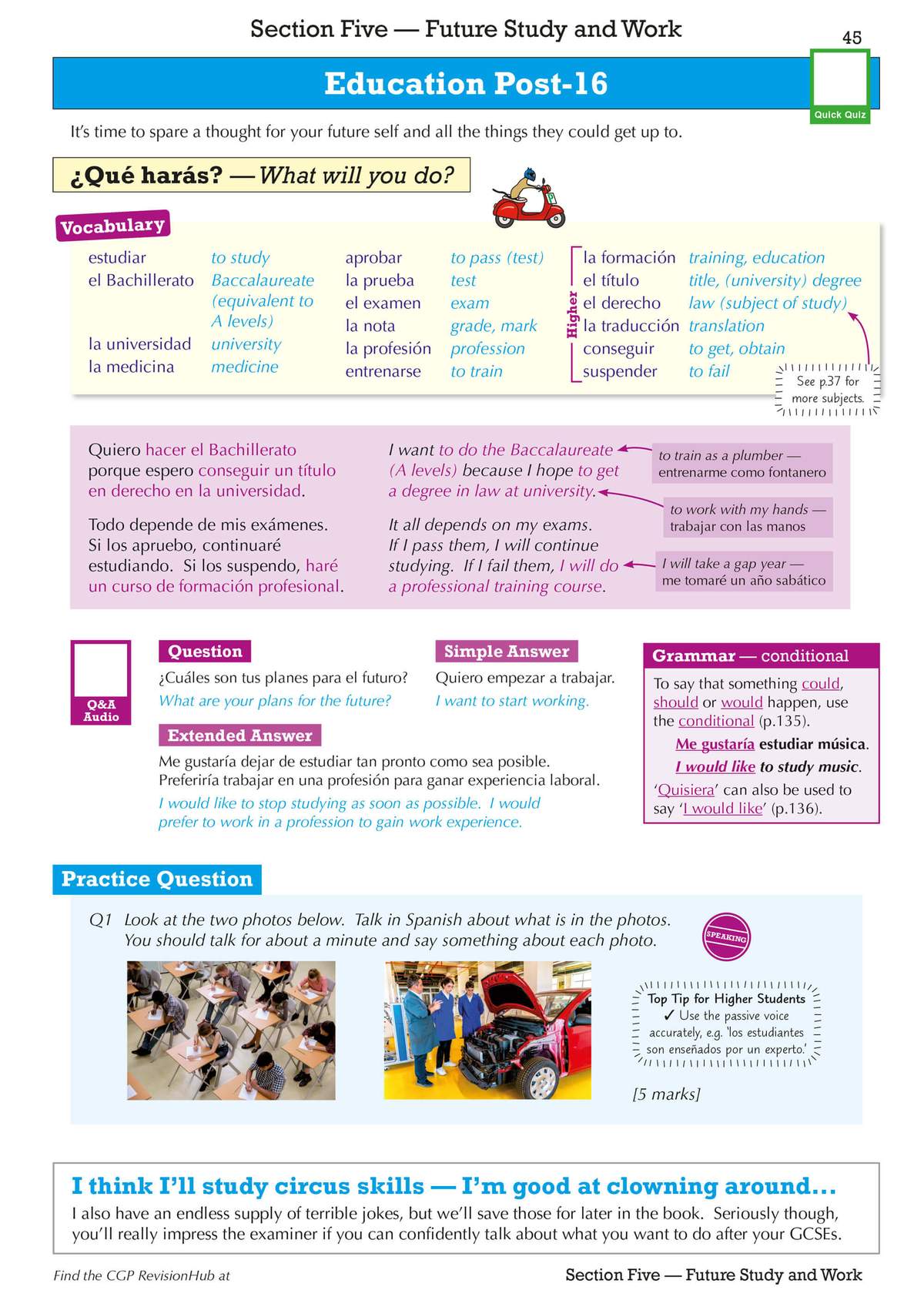A page on post-16 education with vocabulary, example answers and a speaking task about future plans