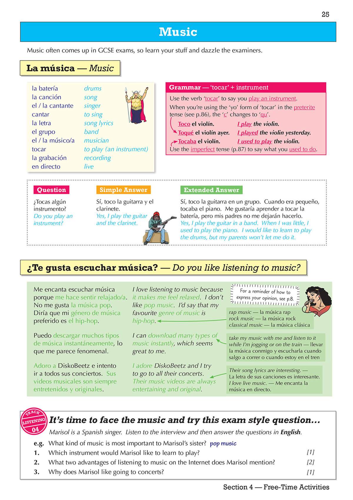 A page teaching music vocabulary and grammar, with a listening comprehension task to answer in English