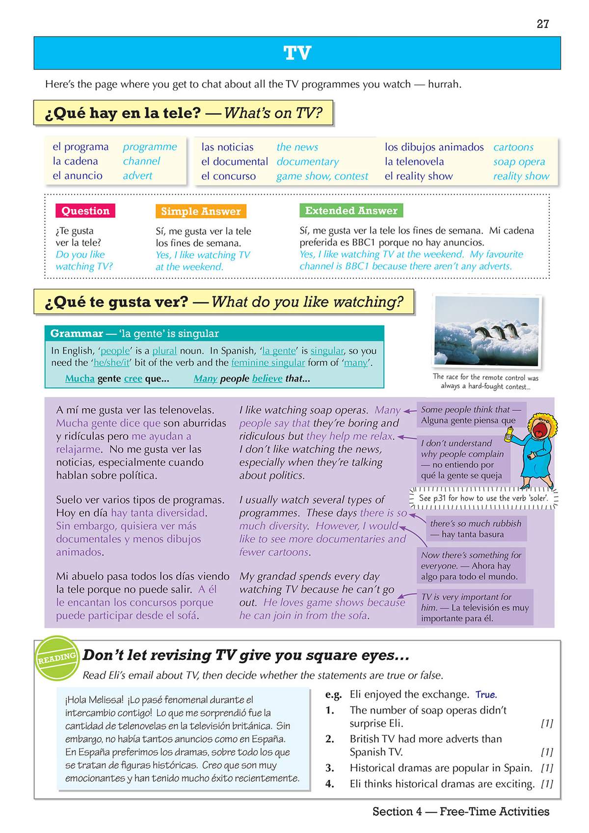 A reading passage about TV habits with true or false questions to check understanding of the text