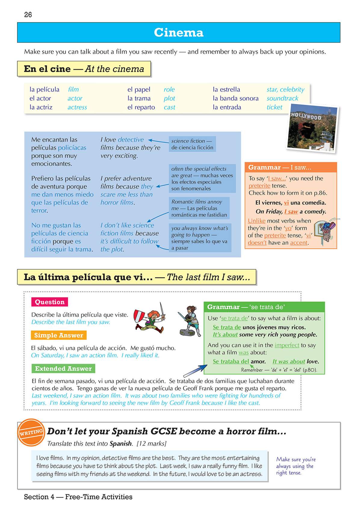 A page teaching Spanish film vocabulary and grammar, with examples of how to describe movies using the preterite