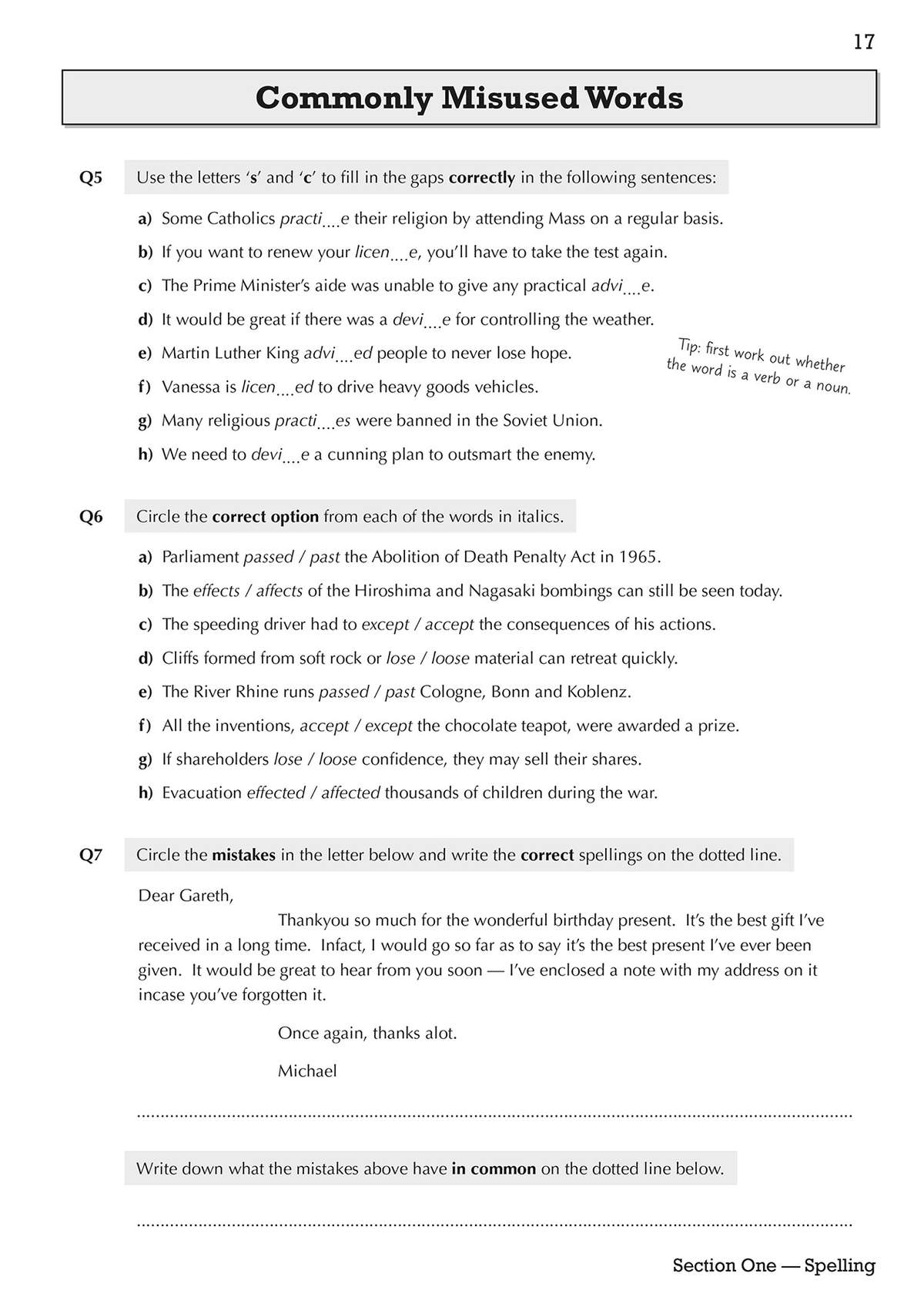 Three exercises on commonly misused words, including fill-in-the-blanks, multiple choice, and a letter to spot mistakes