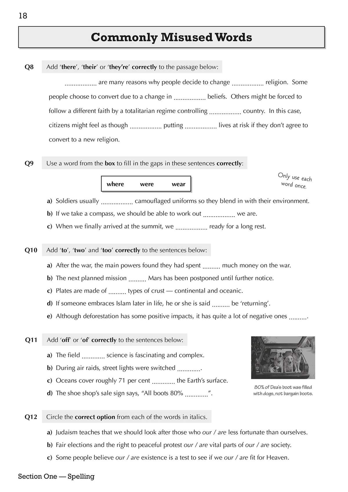 Students complete five fill-in-the-blank exercises and circle correct options to master commonly misused words