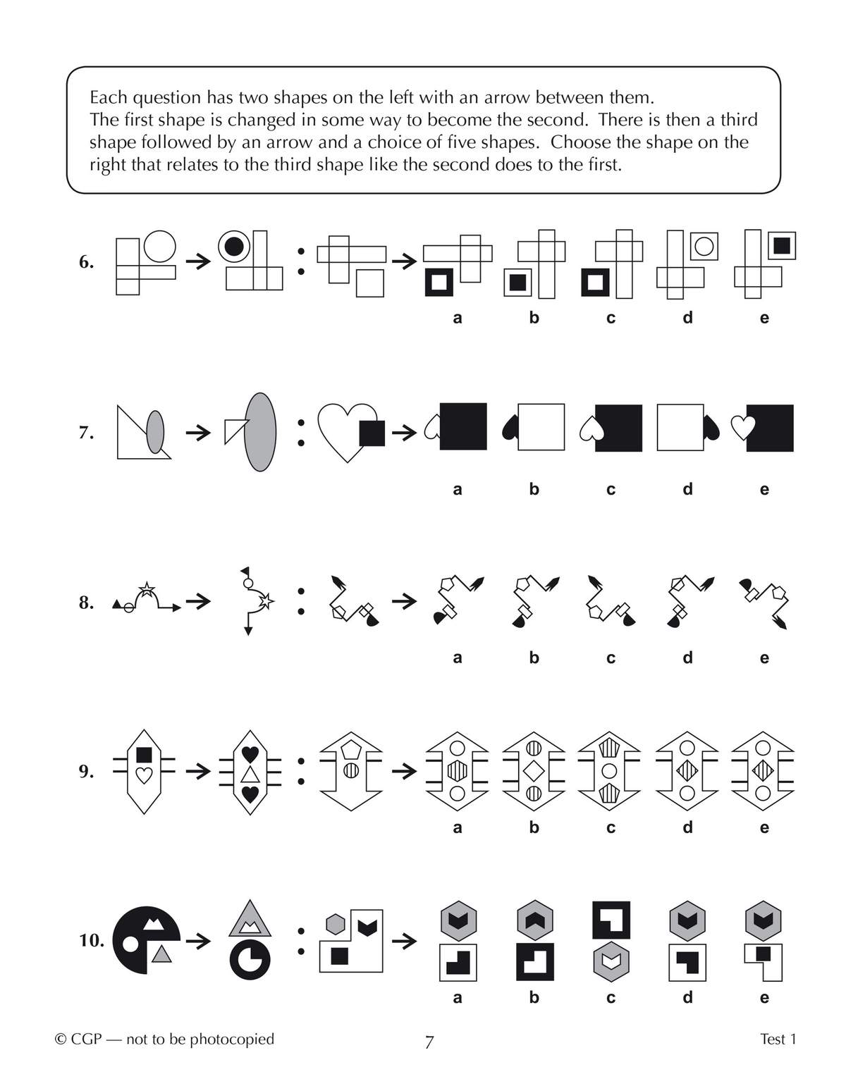 Ten non-verbal reasoning questions where children identify the rule changing one shape into another and apply it to a new