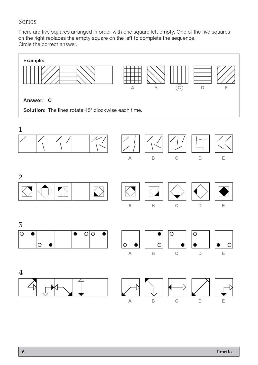 Children complete four visual series by circling the correct option to finish the pattern