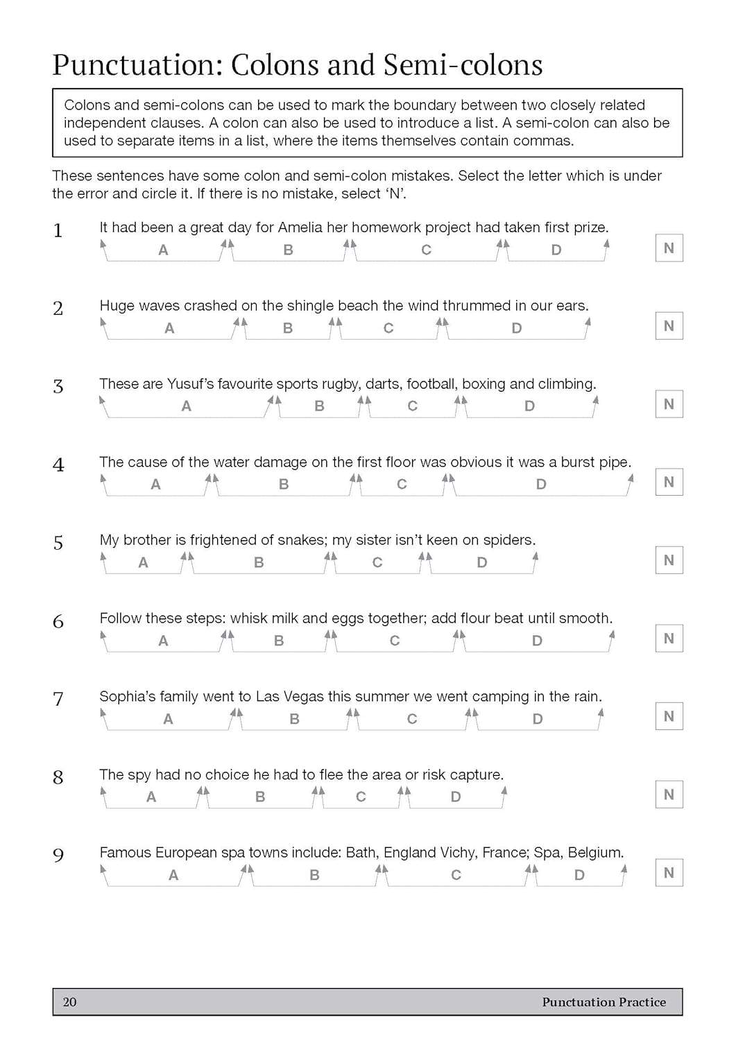 Nine sentences with punctuation errors for children to identify and circle the mistake, or select 'N' if correct