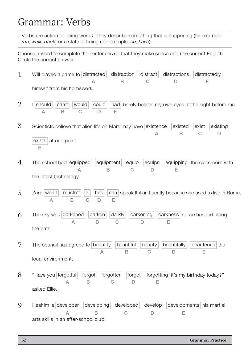 Nine multiple-choice questions on verb forms, requiring pupils to circle the correct word to complete sentences