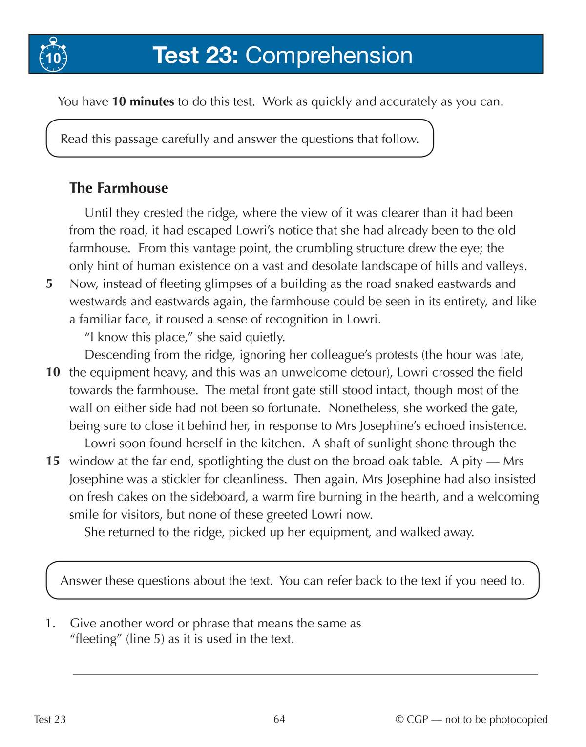 A 10-minute reading test featuring a story about a character named Lowri, followed by a vocabulary question