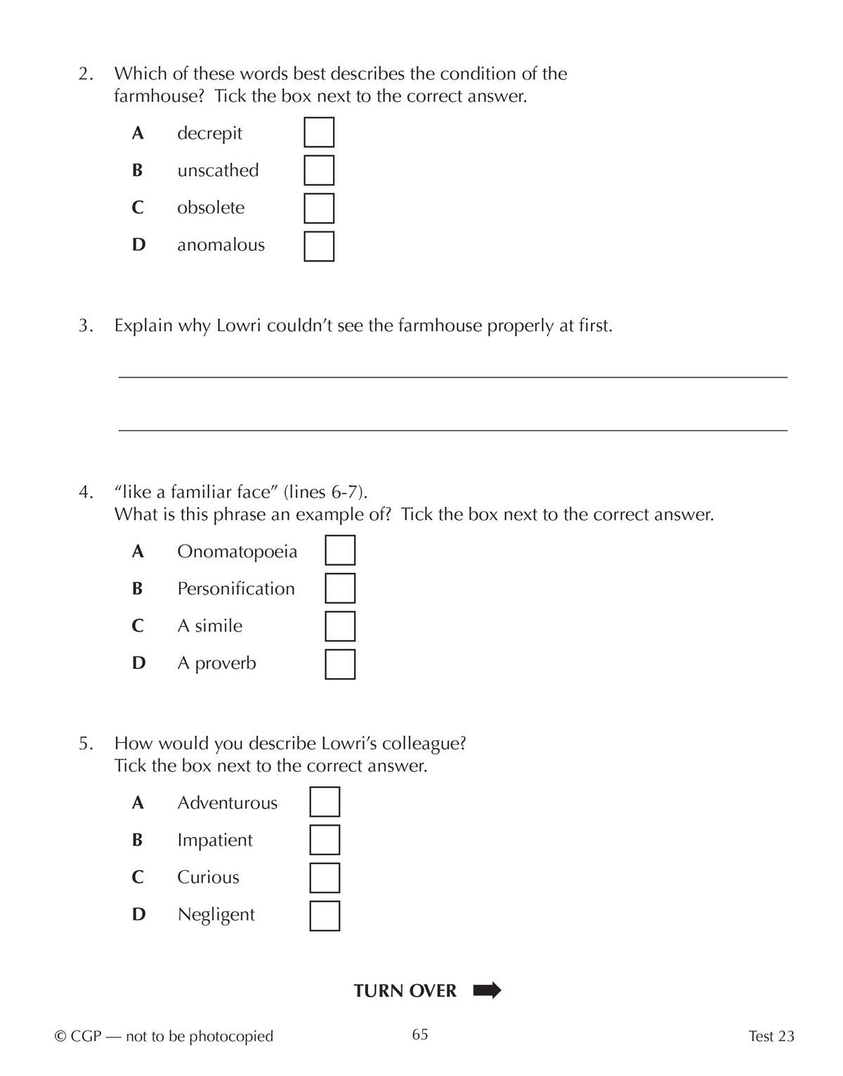 Multiple-choice questions on vocabulary and literary devices, plus a short written explanation task
