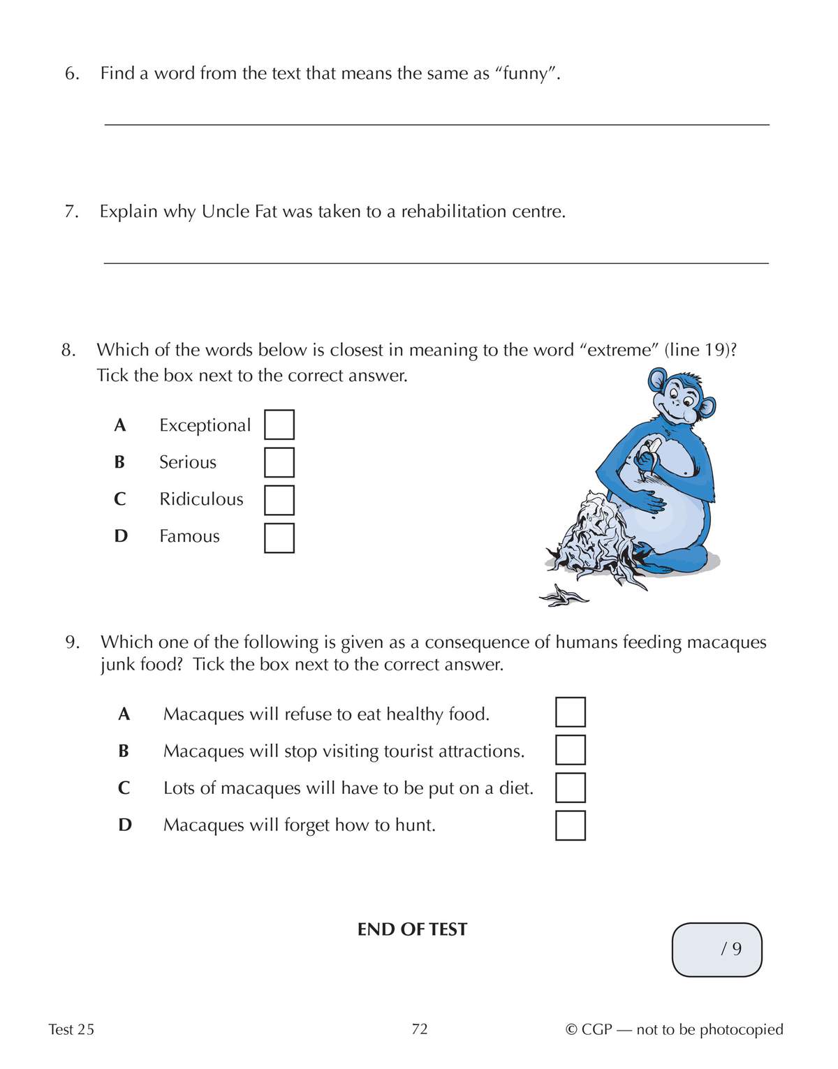 Four questions test vocabulary and comprehension, including a multiple-choice section with a cartoon monkey illustration