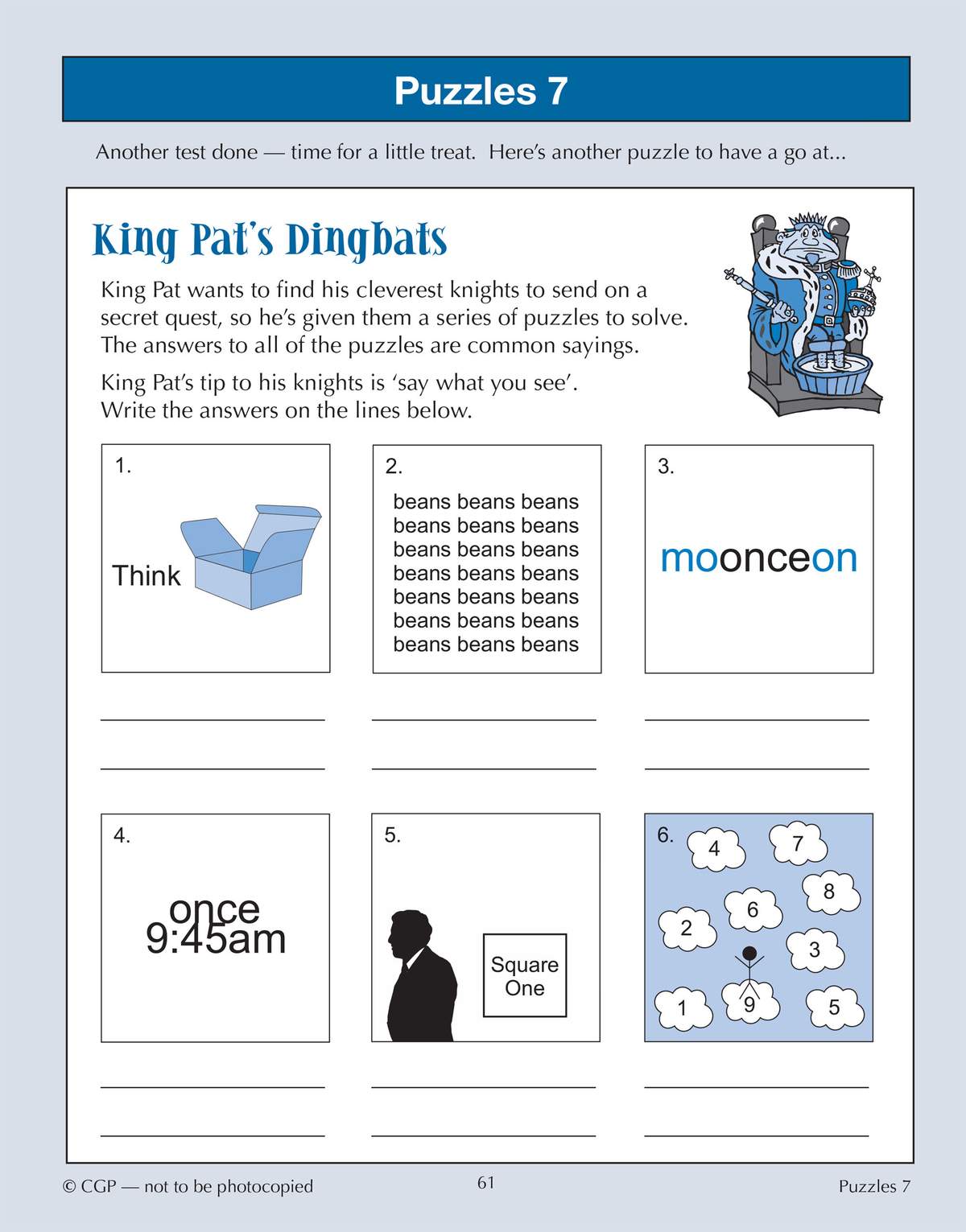 Children solve six dingbat puzzles using pictures and words to guess common sayings, writing their answers on the lines