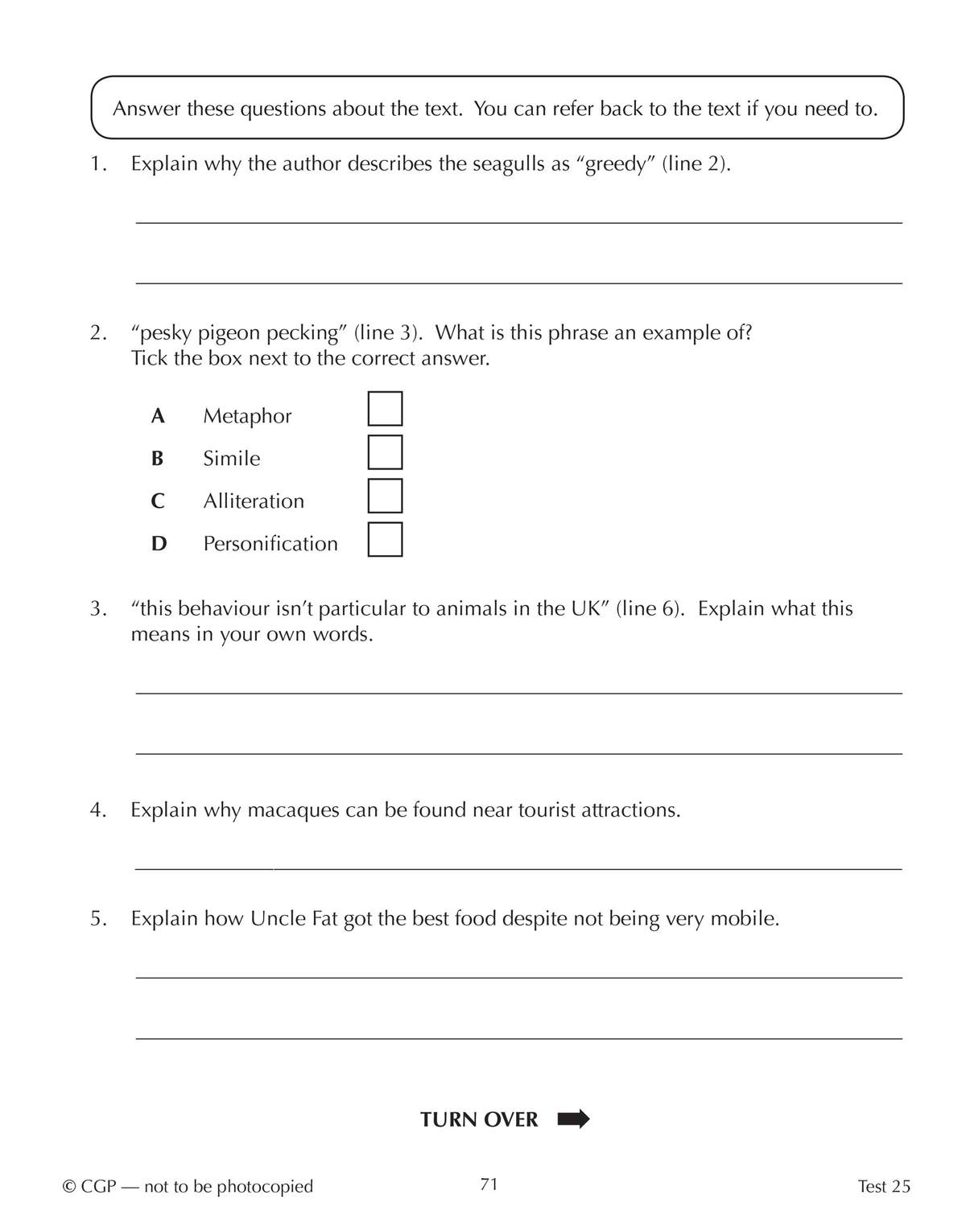 Five short-answer questions and one multiple-choice question test understanding of a text about animals