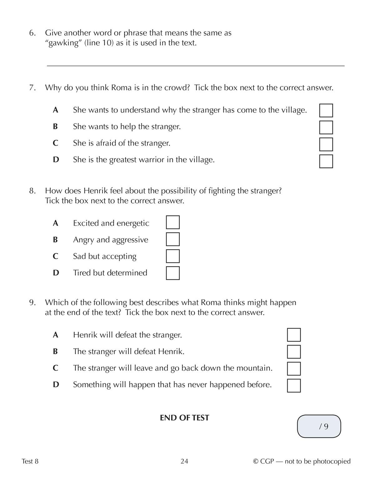 The final page of Test 8 contains four multiple-choice questions on vocabulary and comprehension