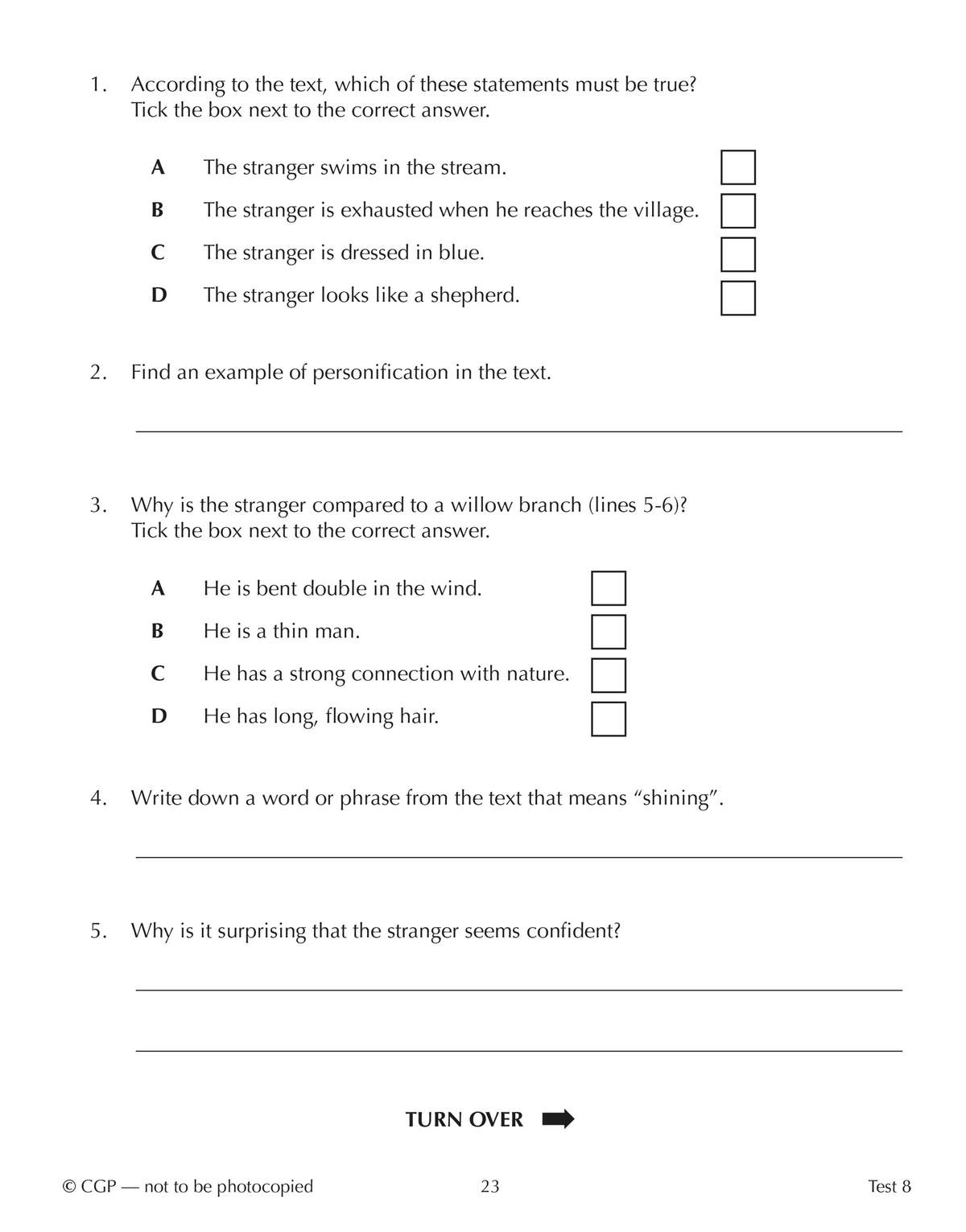 Five comprehension questions on a text about a stranger, including multiple choice and short written answers