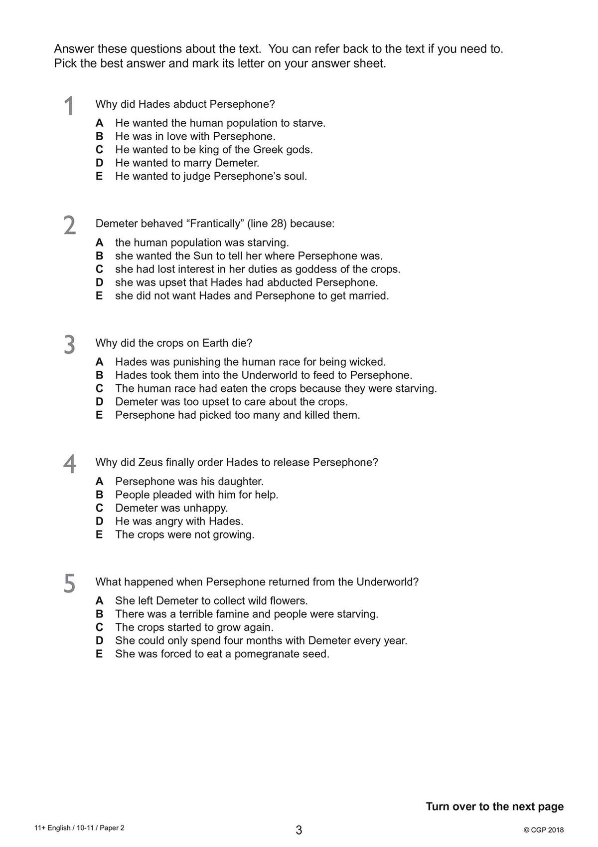 Five multiple-choice questions test understanding of a text about Greek gods and Persephone