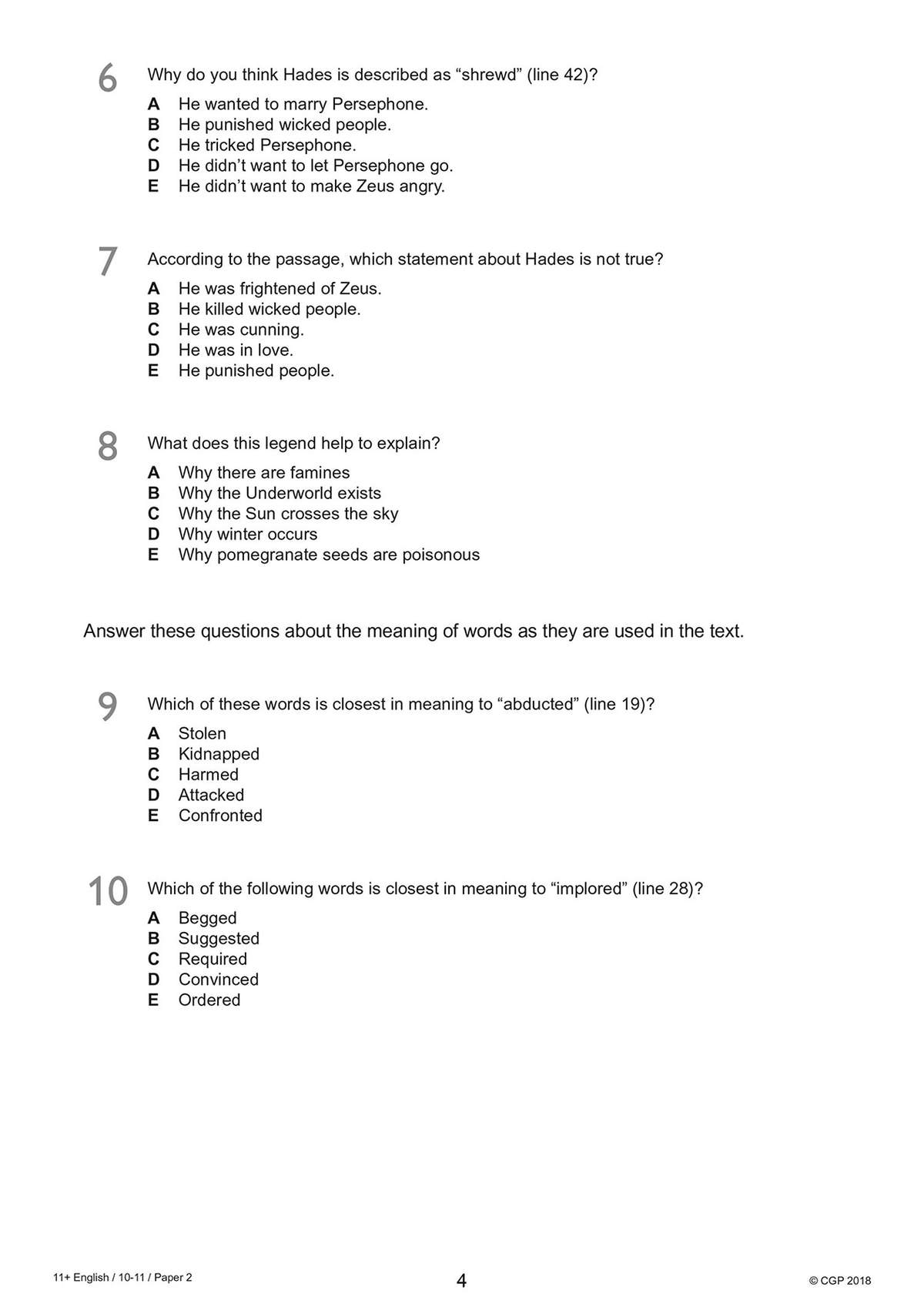 Five multiple-choice questions test understanding of a reading passage about Hades and vocabulary in context