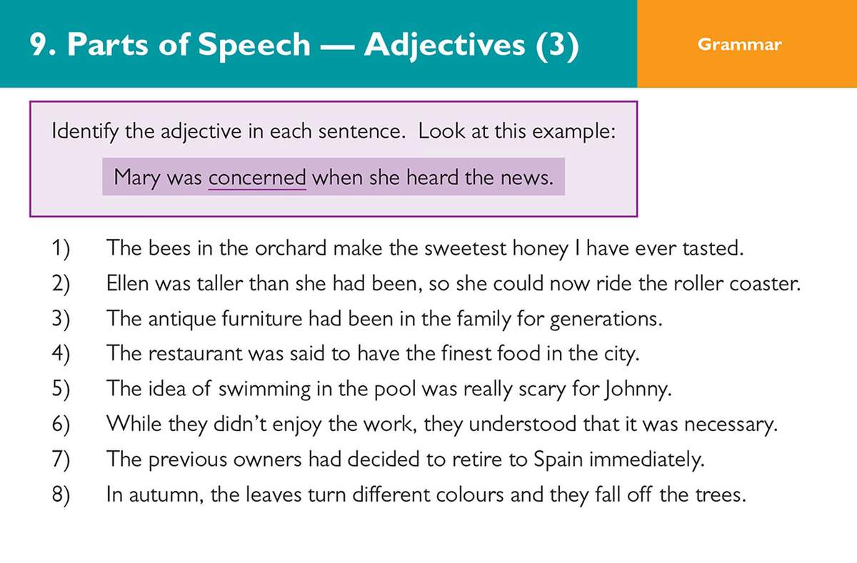 Eight sentences for pupils to identify the adjective in each, following a worked example