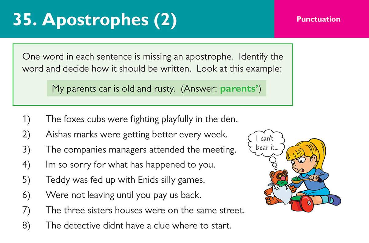 Eight sentences with missing apostrophes for the child to identify and correct