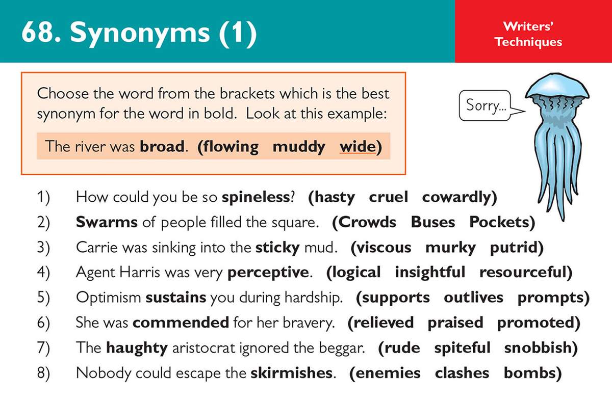 Eight multiple-choice questions ask children to select the best synonym for bolded words, with a worked example to guide them
