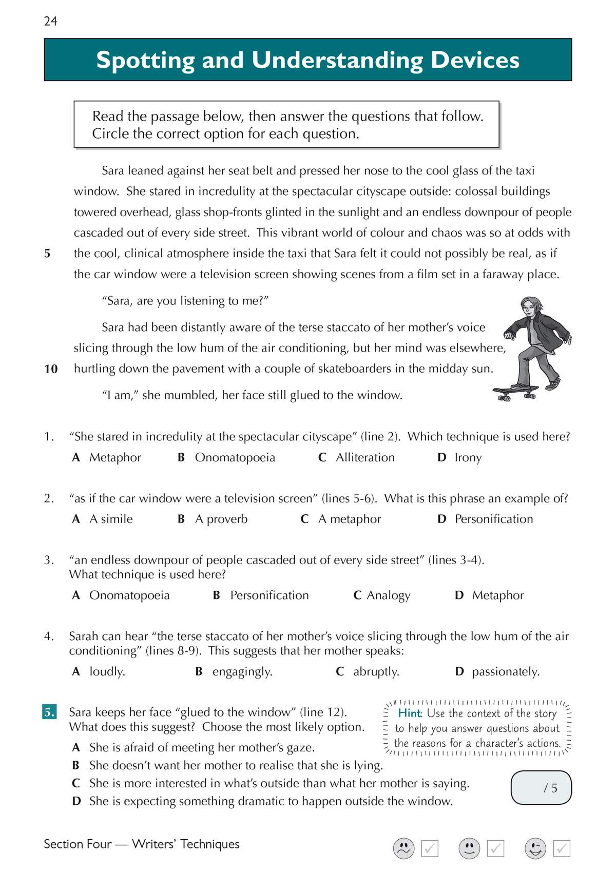 A short story about Sara in a taxi, followed by five multiple-choice questions on literary devices like metaphor
