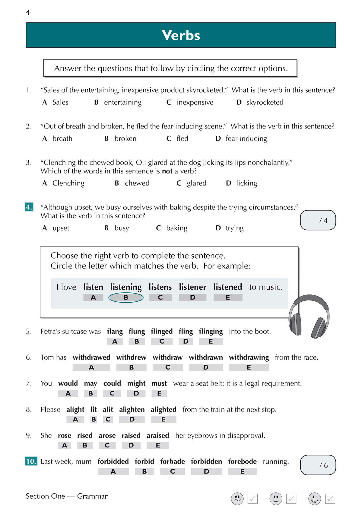 Ten multiple-choice questions on identifying verbs, with a worked example and a self-assessment scale at the bottom