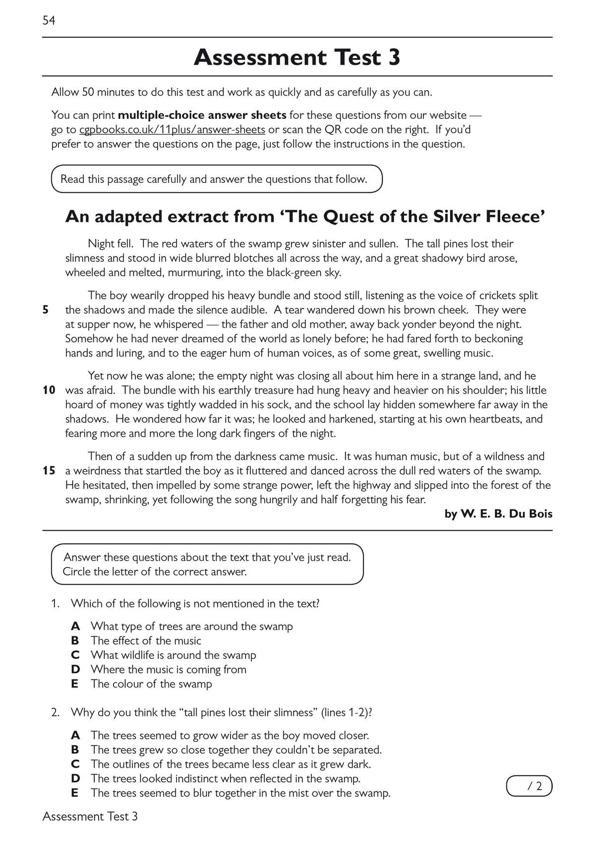 A reading passage about a boy in a swamp, followed by five multiple-choice questions to test understanding