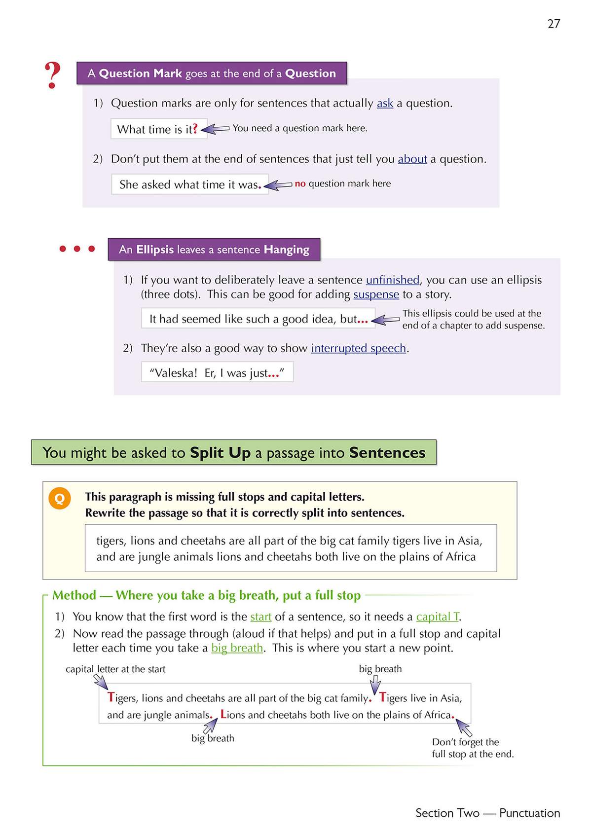 Clear notes on splitting paragraphs into sentences, with a worked example showing where to place full stops and capitals