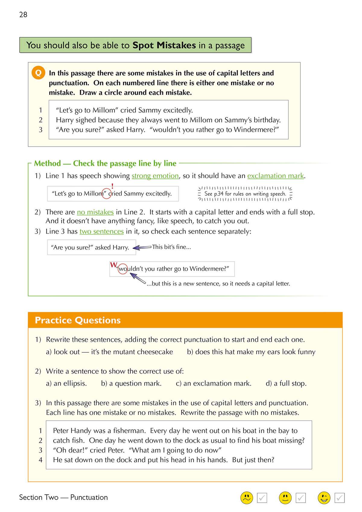 A worked example shows how to spot mistakes in capital letters and punctuation