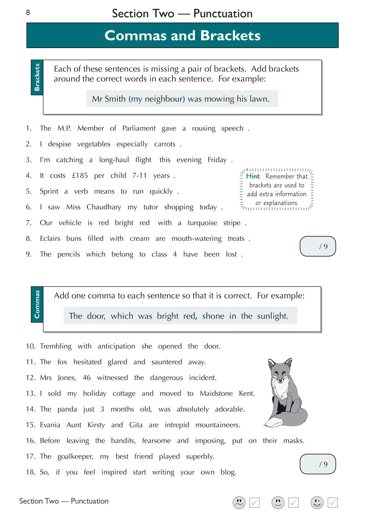 Children add brackets and commas to 18 sentences, with a fox illustration and self-assessment tick boxes
