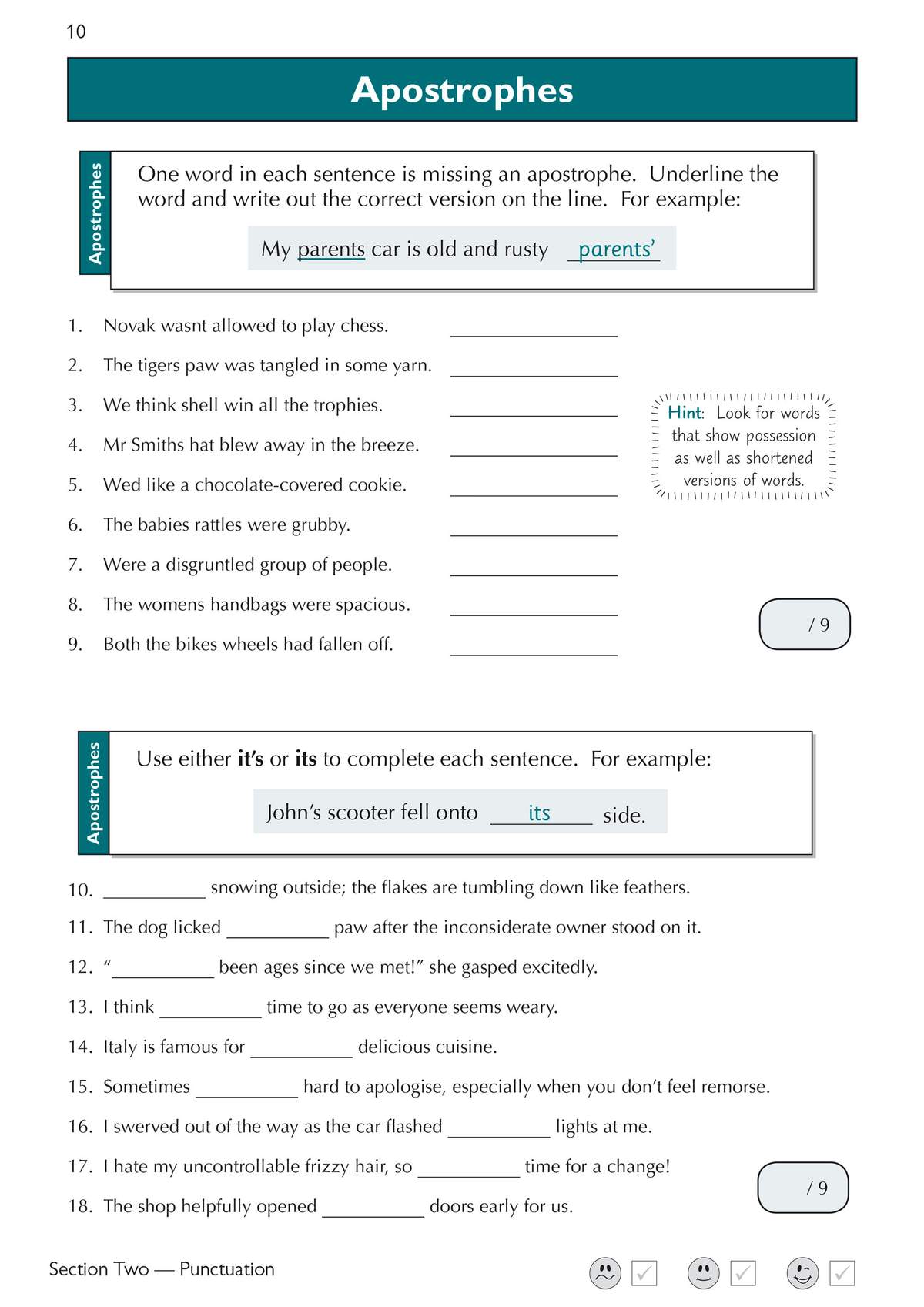 Children correct sentences with missing apostrophes and choose between its and its to complete sentences