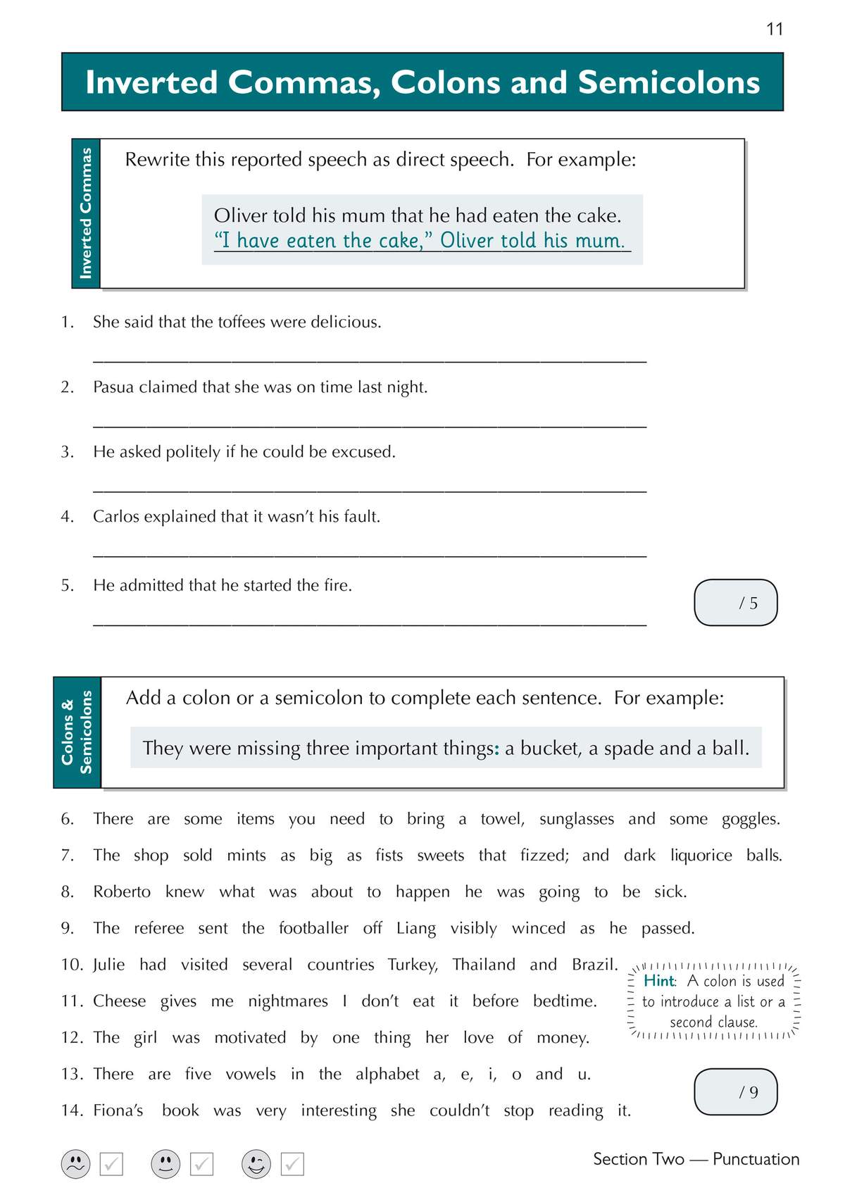 Children rewrite reported speech into direct speech and add colons or semicolons to complete sentences