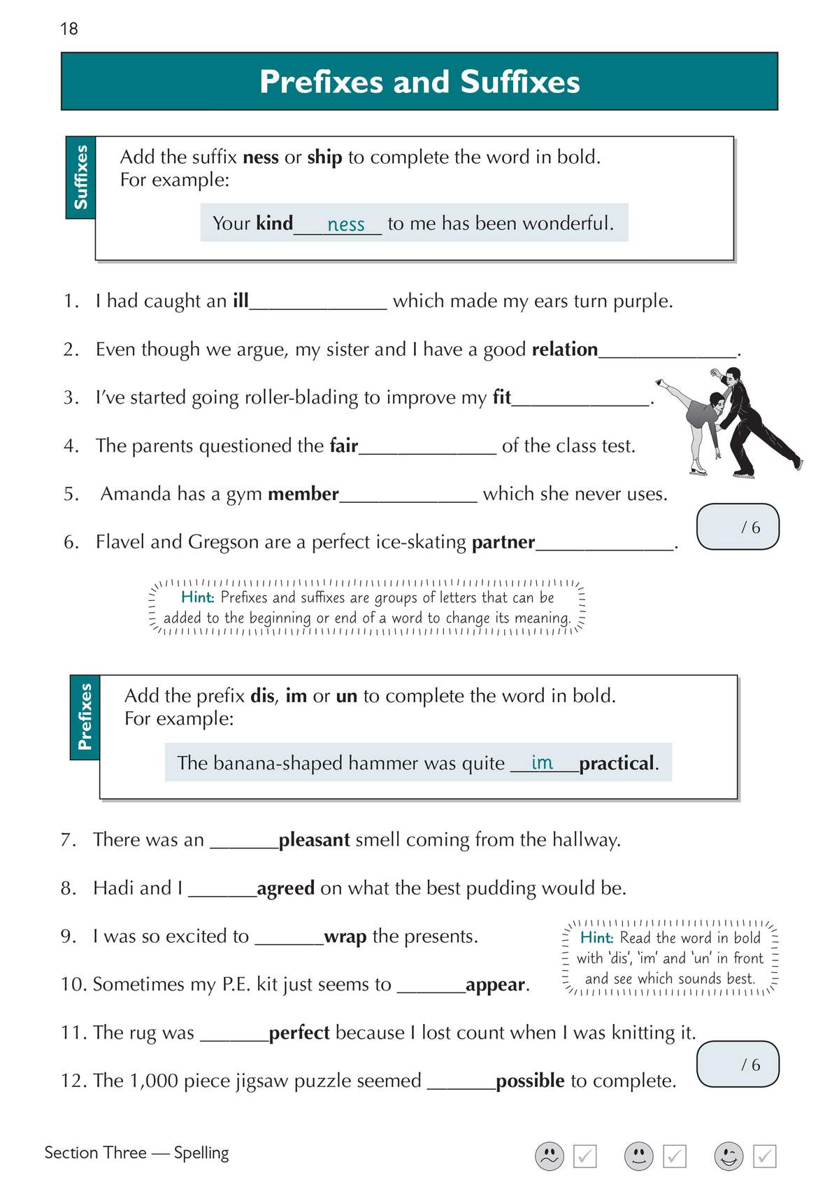 Twelve fill-in-the-blank questions on adding prefixes and suffixes to complete words, with hints and a self-assessment scale