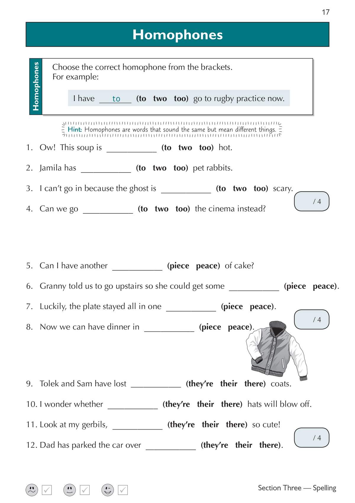 Twelve sentences with missing words, where children choose the correct homophone from brackets to complete the sentences
