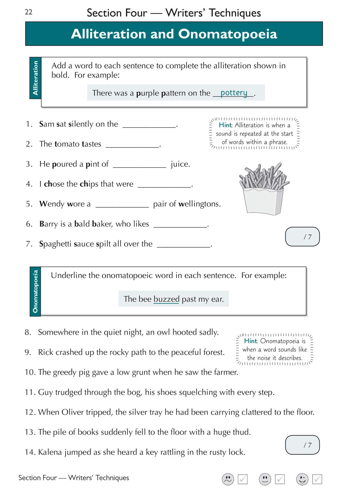Children complete sentences with alliterative words and underline onomatopoeic words in short texts