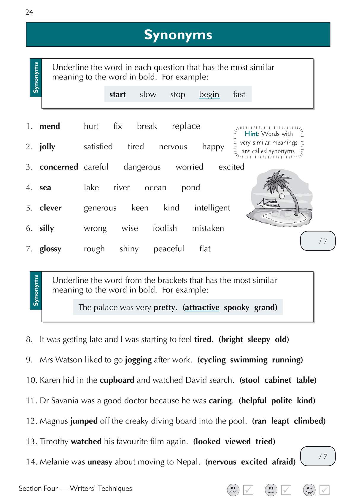 Children underline synonyms in word lists and sentences, building vocabulary skills for the 11+ exam