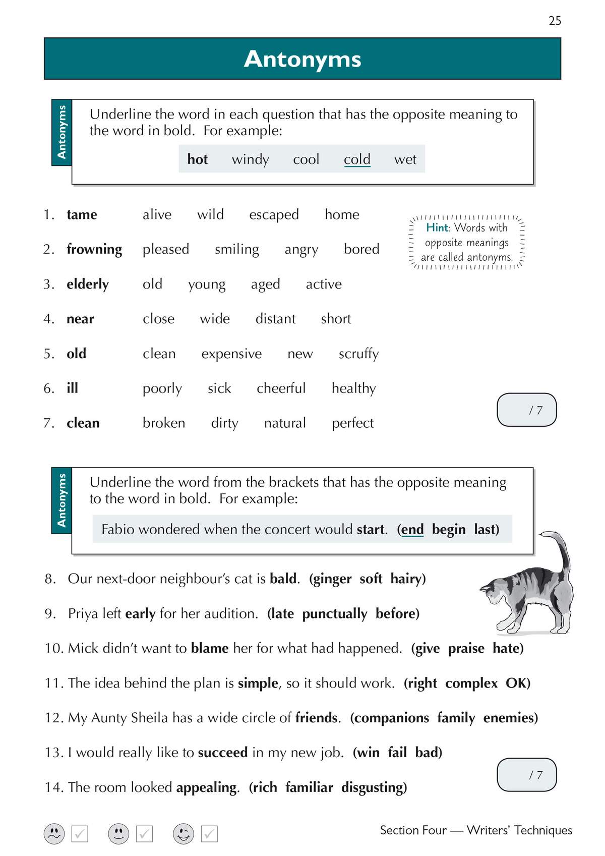 Children underline antonyms in word lists and sentences, with a cartoon cat and self-assessment tick boxes