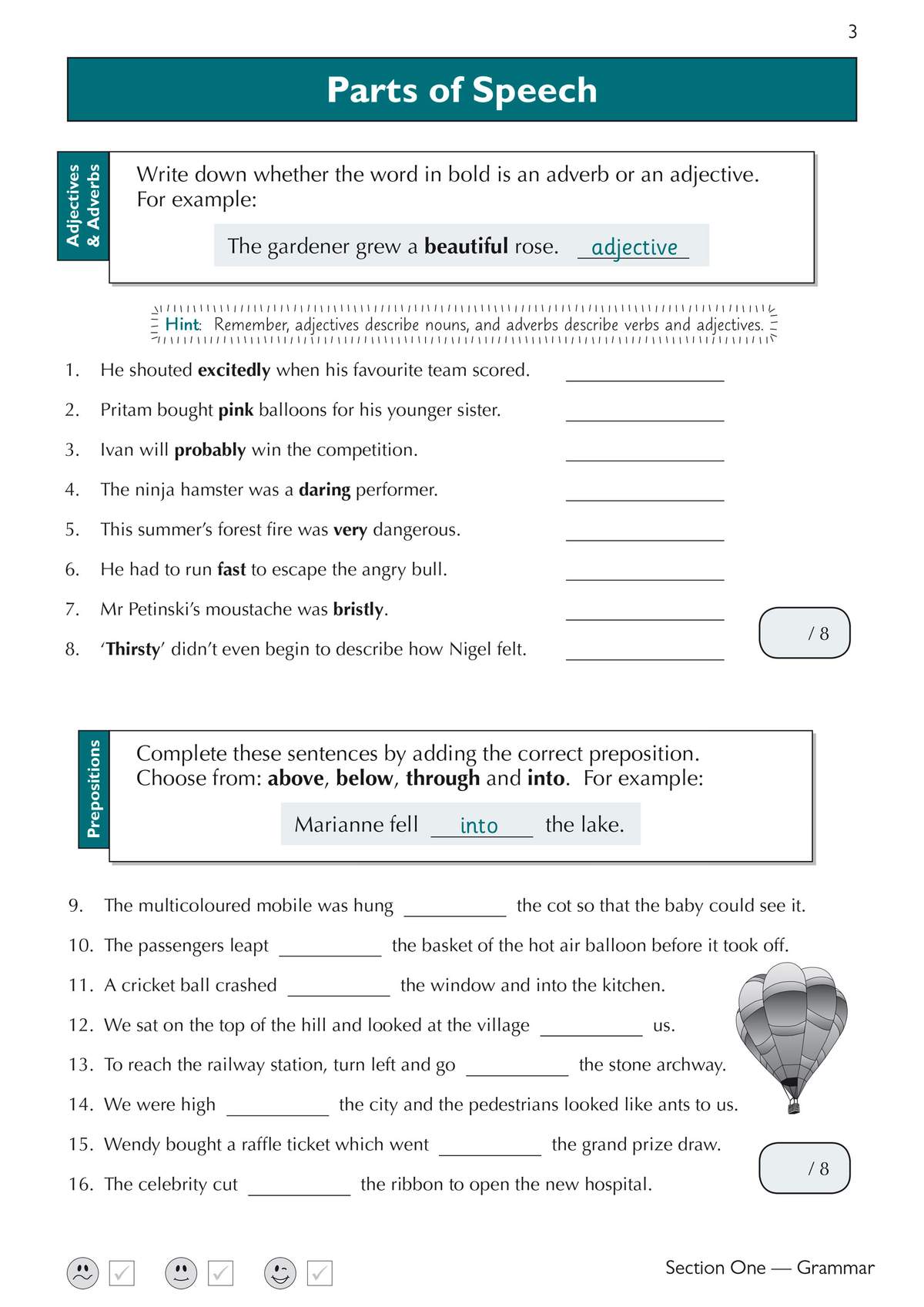 Children identify adverbs and adjectives in sentences, then complete sentences with the correct preposition from a given list